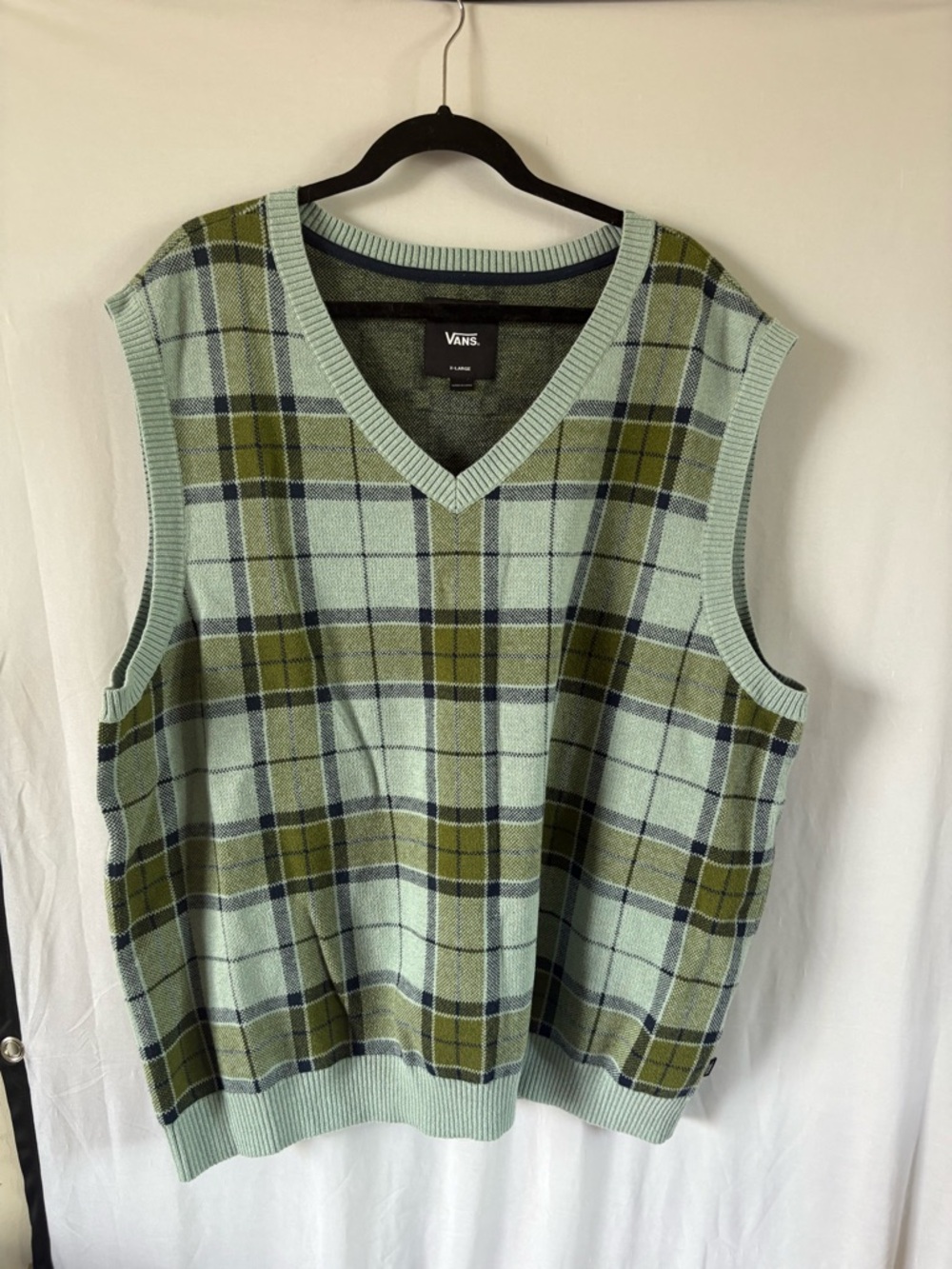 Vans Mint Green & Olive Plaid V-Neck Knit Vest
